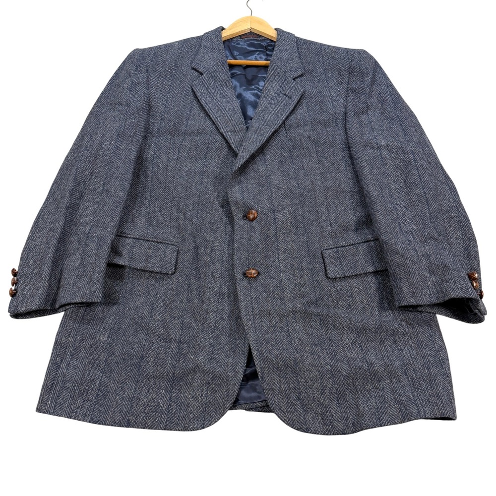 English Manor Mens 43L Blue Herringbone Tweed Wool 2-Button Blazer Sport Coat